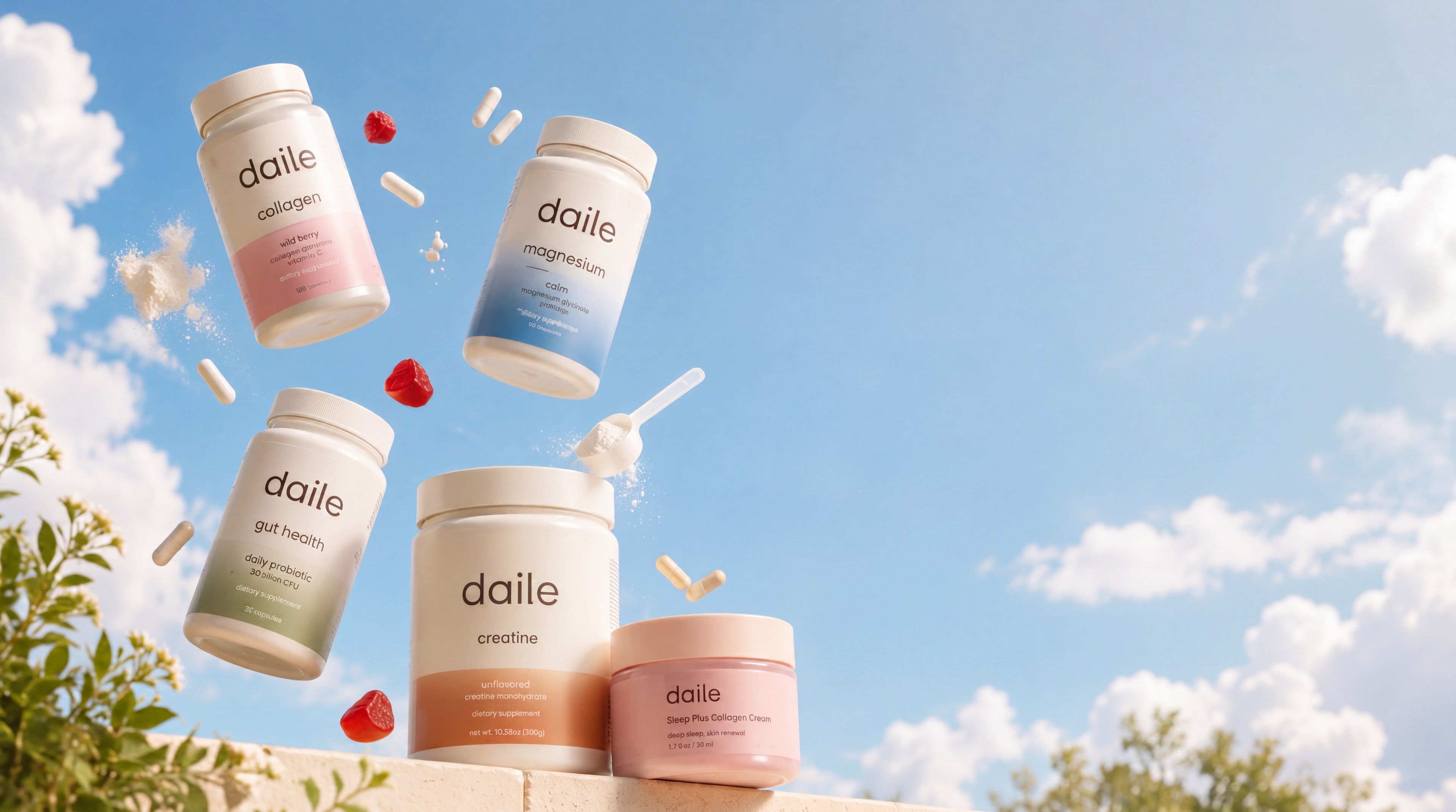 daile collagen, magnesium, gut health, creatine and glow cream floating against a blue sky