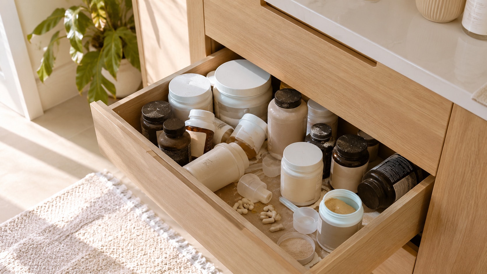 a drawer full of half-used supplement bottles